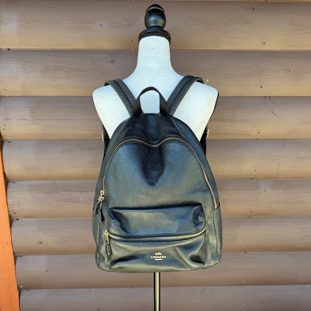 Coach Charlie Backpack Womens Large Black Pebbled Leather Gold Hardware F29004